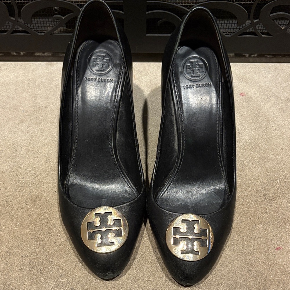 Tory Burch Black Heels with Gold Logo